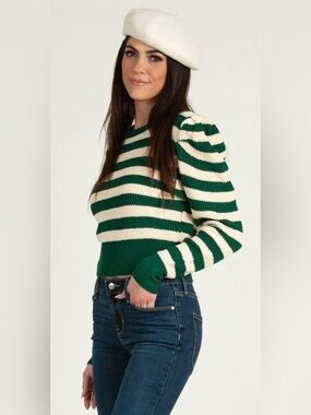 Lucca Couture “Yara” Green & Cream Striped Puff-Sleeve Sweater